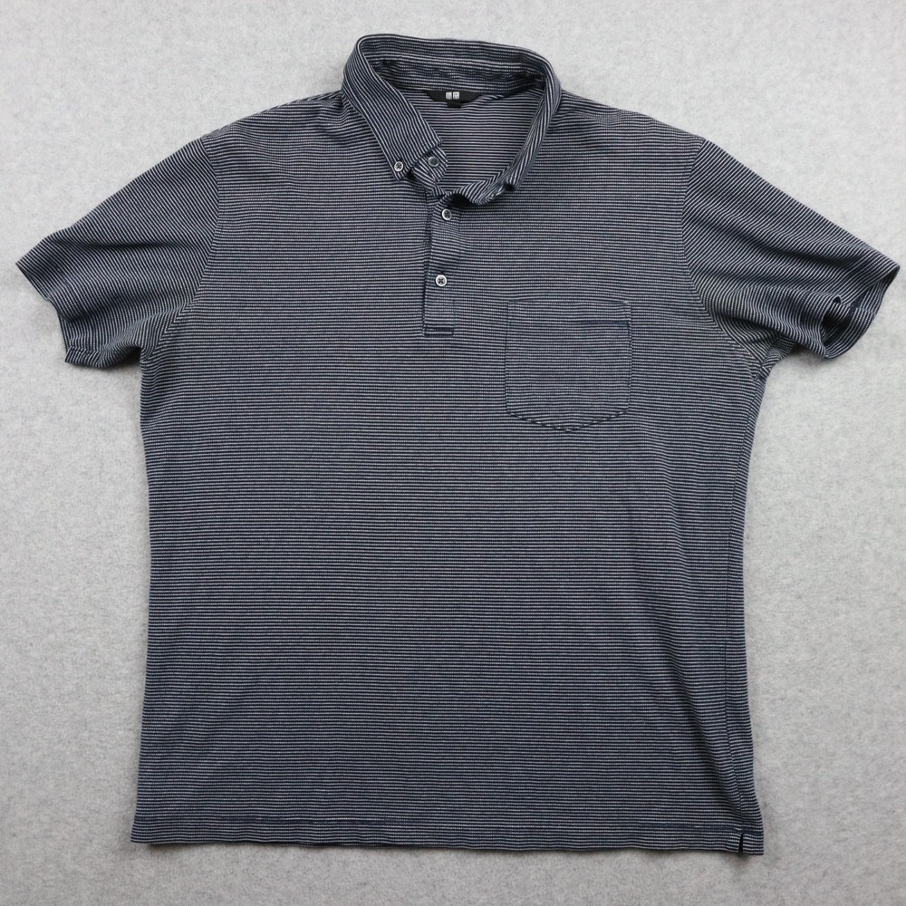 Uniqlo Polo Shirt Mens Large Golf Casual Pocket Navy Blue Striped Short Sleeve